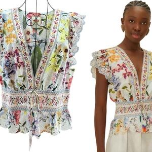 NEW FARM Rio Multicolor Greek Garden Lace Ruffle Sleeveless Blouse, Size XL